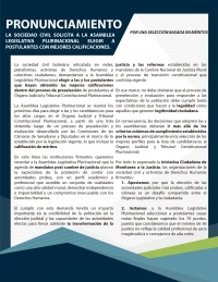 40 Organizaciones de  Sociedad Civil solicitan a la Asamblea Legislativa Plurinacional elegir a postulantes con mejores calificaciones